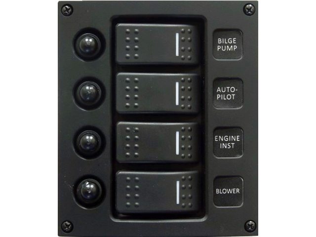 NauticPro.dk | Talamex, Kontaktpanel Curved, 4 kontakter, IP66, lodret/vandret montering, 12V-24V, 45A, 30 etiketter, push-reset-sikringer, oplyste vippekontakter