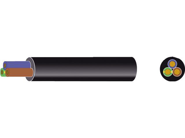 Rubber kabel zwart 3x1.5mm² blauw/bruin/groen-geel
